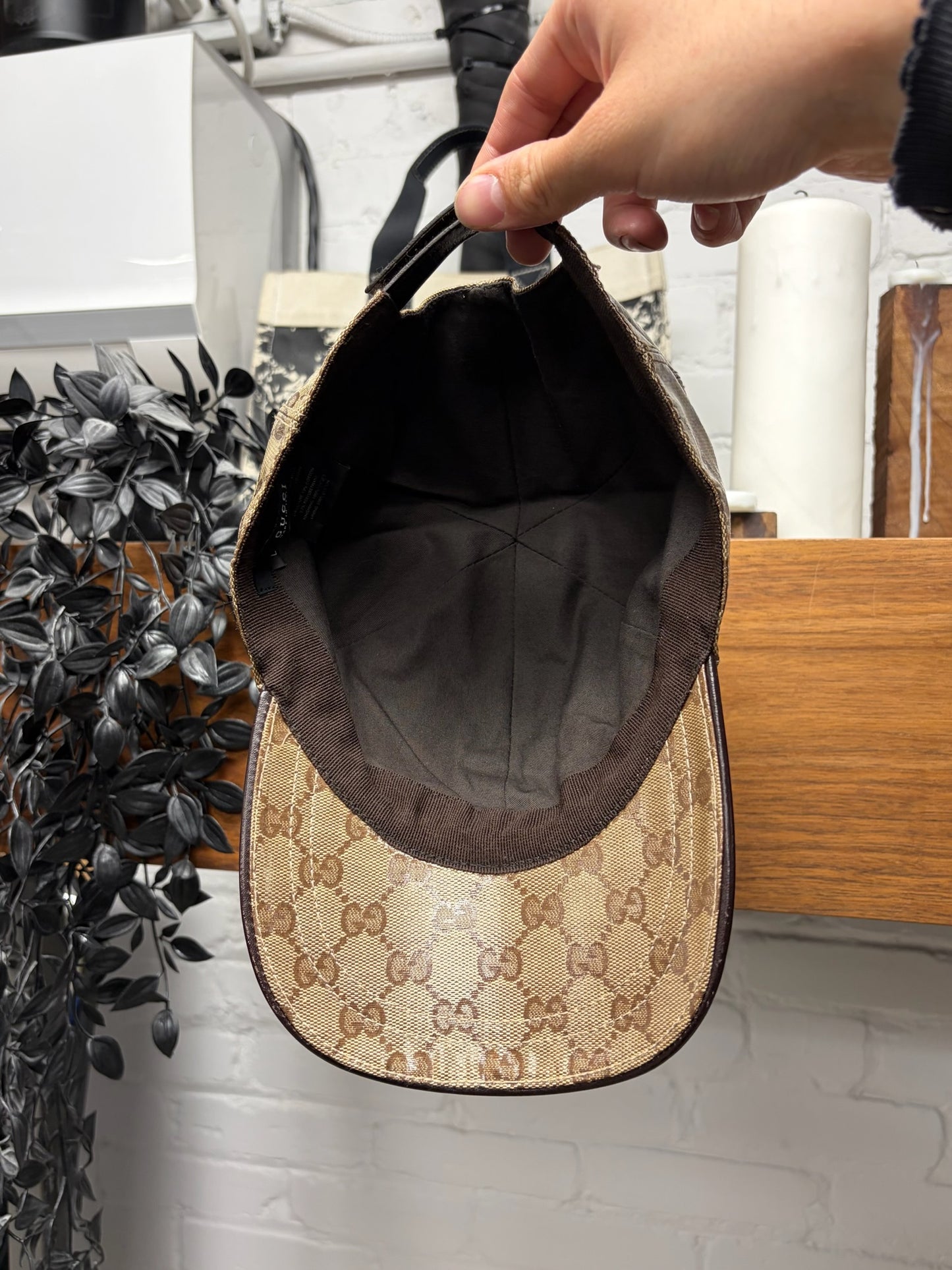 Gucci Coated Brown Canvas Leather Strap-Back Baseball Cap