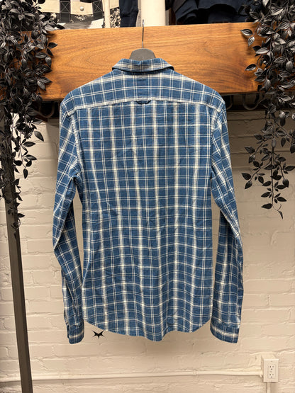 Burberry White/Blue Plaid Button Up Shirt with Leather Tab