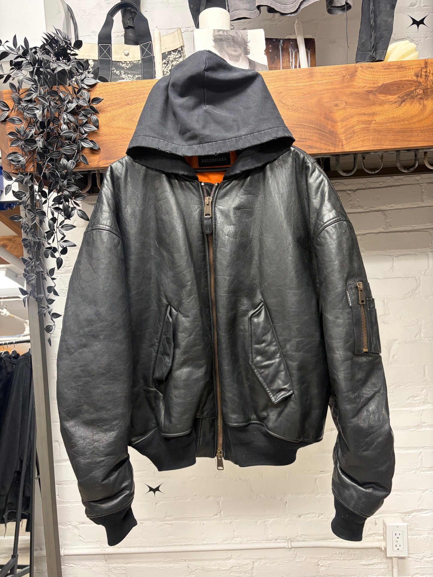 AW2023 Balenciaga ‘Mudshow’ Leather MA-1 Oversized Black Hooded Bomber Jacket