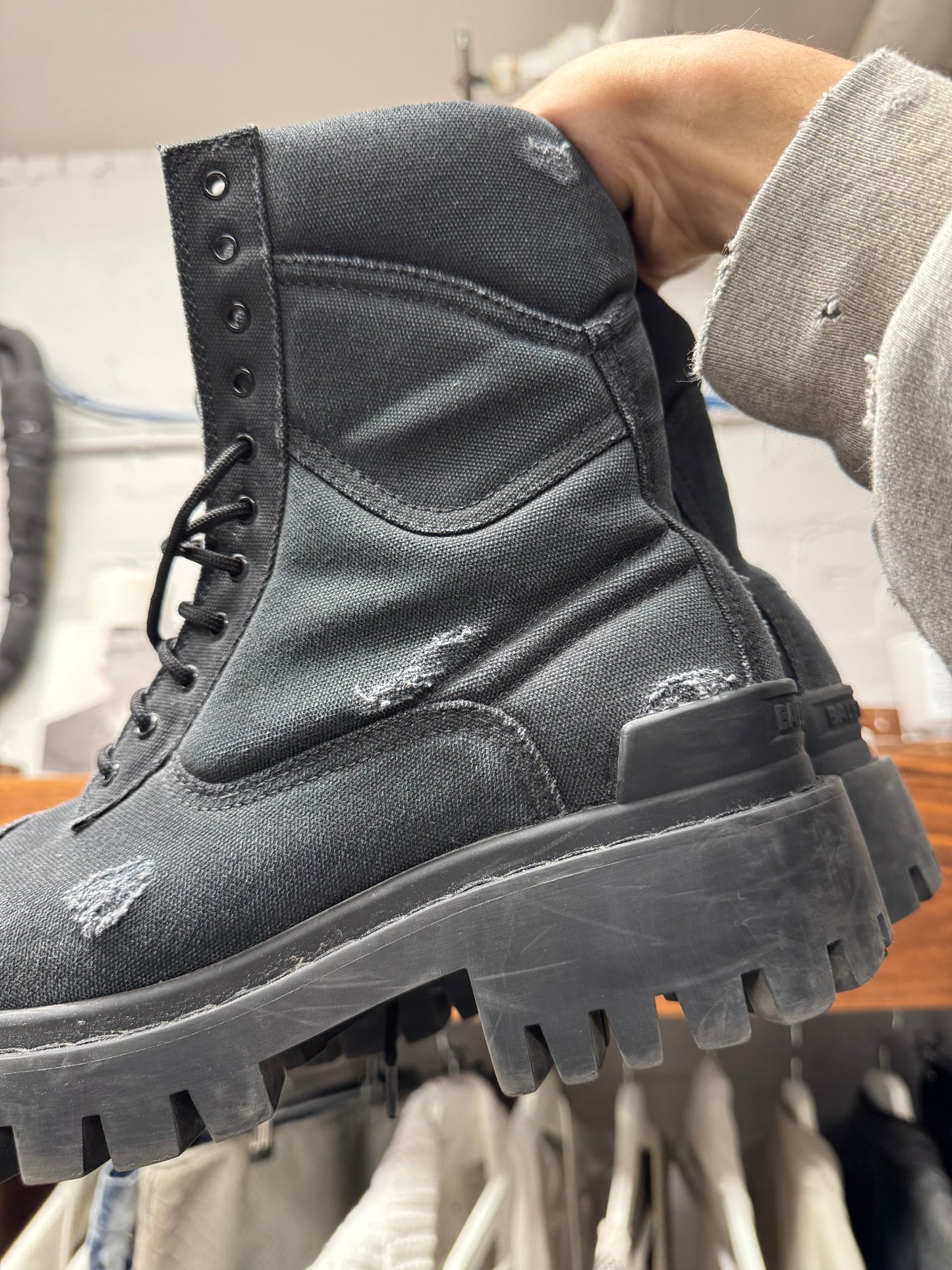 Balenciaga ‘Strike’ Distressed Canvas Black Combat Boots