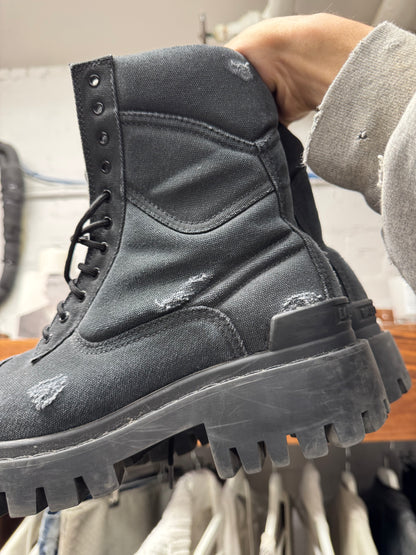 Balenciaga ‘Strike’ Distressed Canvas Black Combat Boots