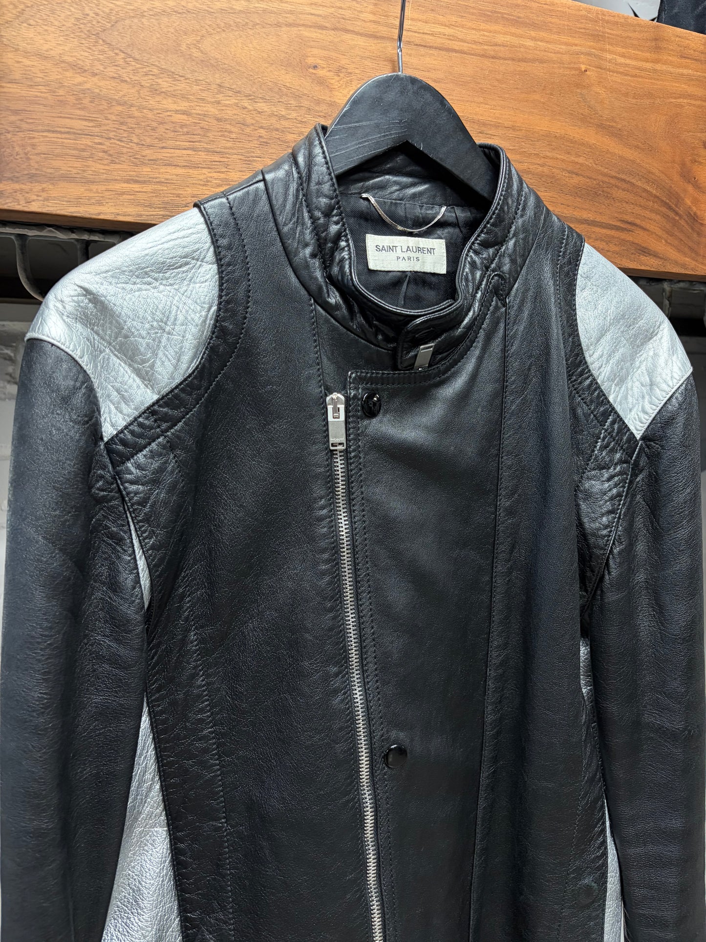 2015 Saint Laurent by Hedi Slimane Black/Silver Leather ‘Cafe Racer’ Moto Jacket