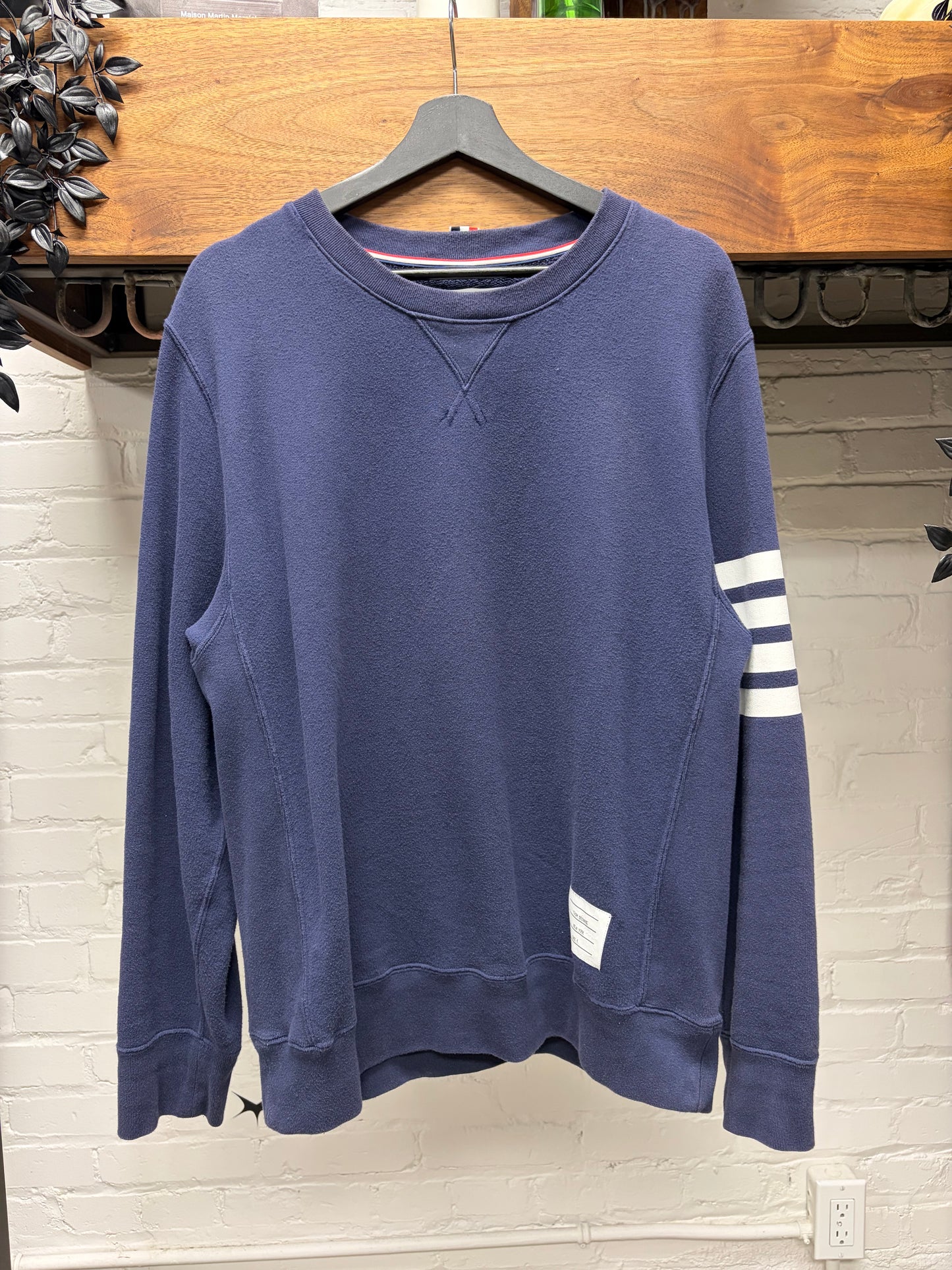 Thom Browne Navy/White Classic ‘Stripe Logo’ Cotton Pullover Sweatshirt