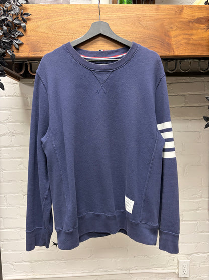 Thom Browne Navy/White Classic ‘Stripe Logo’ Cotton Pullover Sweatshirt