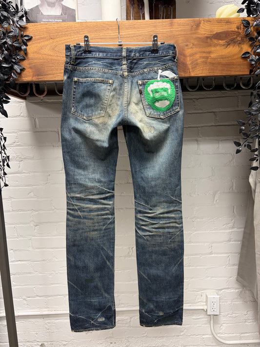 AW2007 Undercover ‘Apple’ Emrboidered Dirt Wash Blue Skinny Jeans