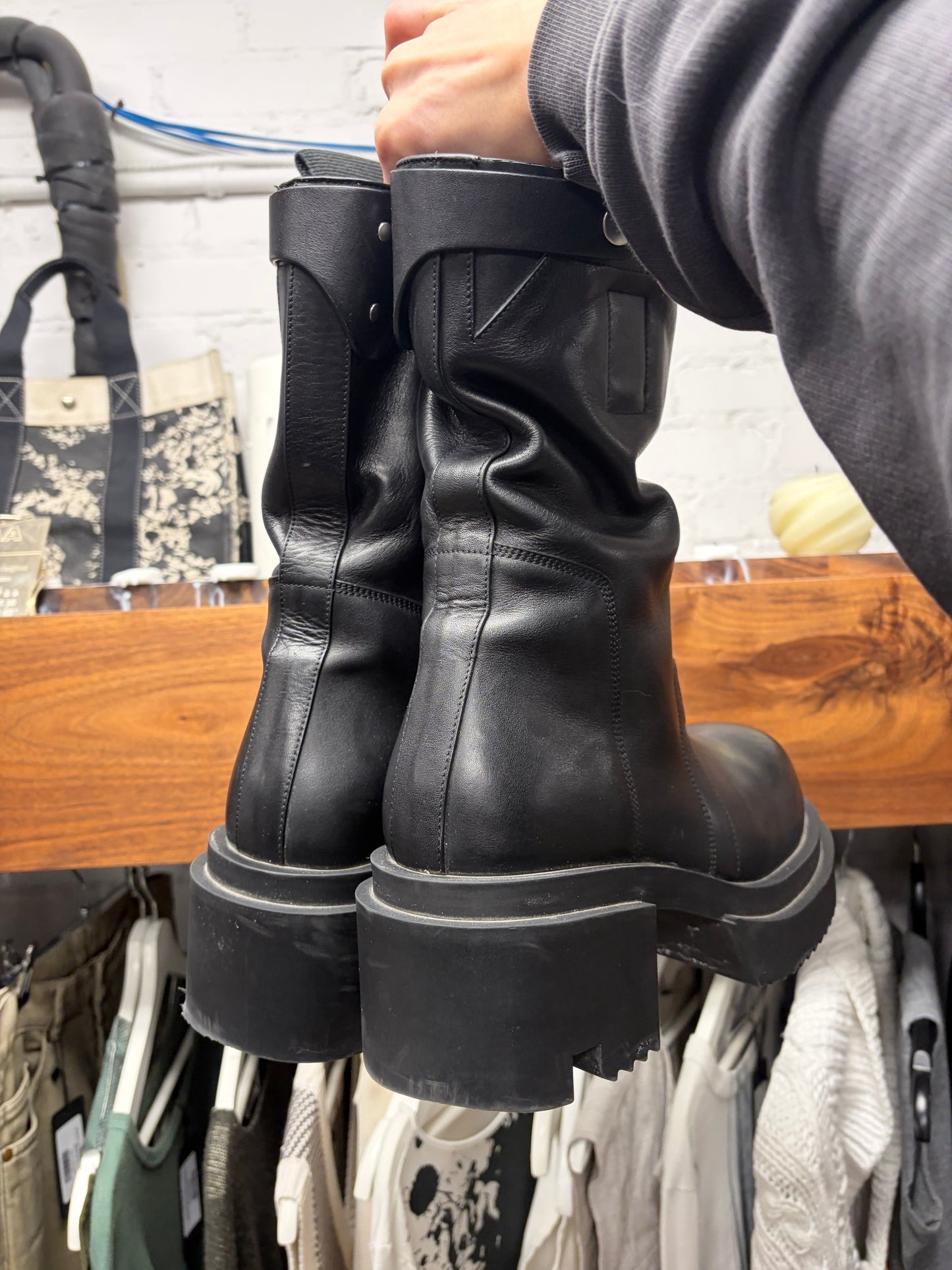 Rick Owens Pull On ‘Bogun’ Black Calfskin Leather Platform Sole Boots