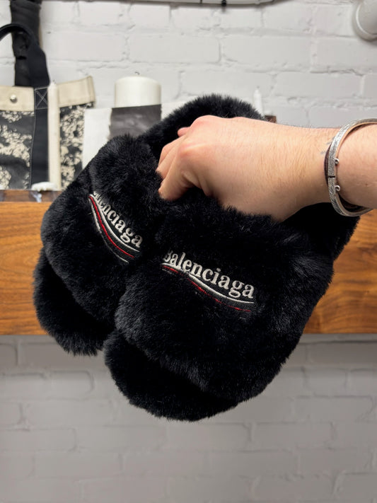 Balenciaga ‘Campaign Logo’ Black Fuzzy Slippers