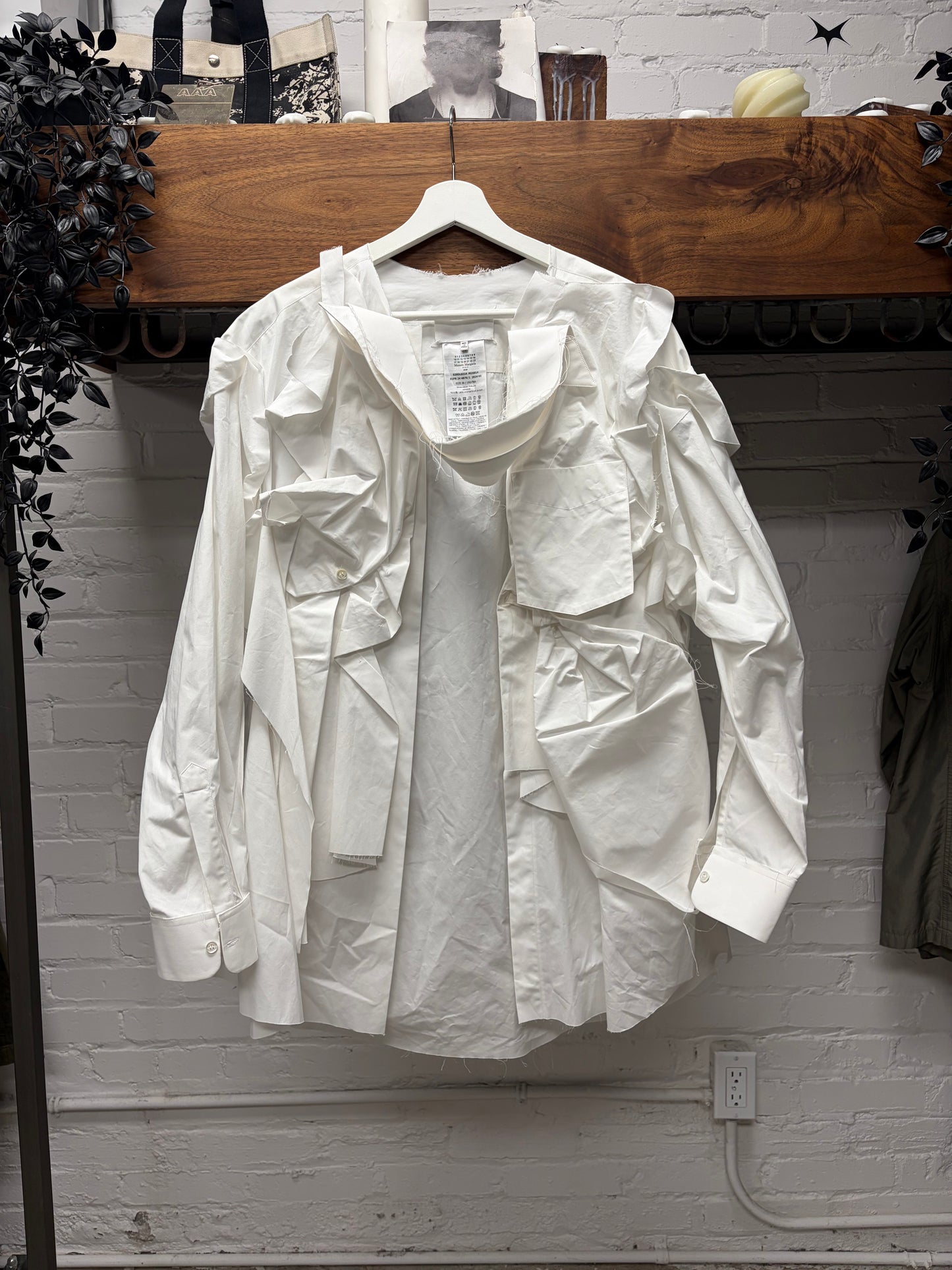 SS2024 Maison Margiela ‘Gathered’ White Poplin Oversized Frayed Hem Shirt