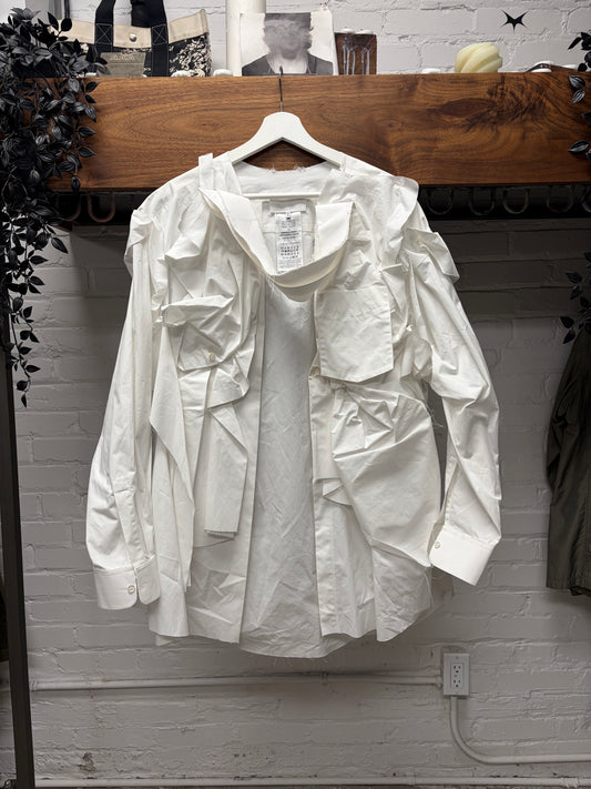 SS2024 Maison Margiela ‘Gathered’ White Poplin Oversized Frayed Hem Shirt