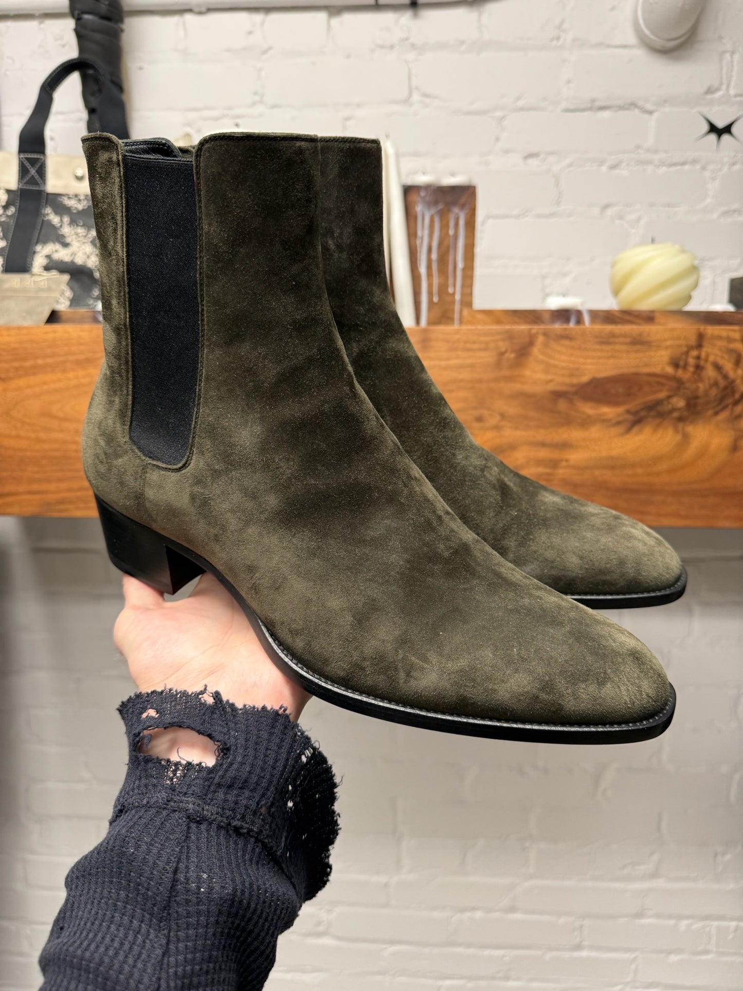 Saint Laurent ‘Wyatt’ Brown Suede Platform Heel Pointed Toe Boots