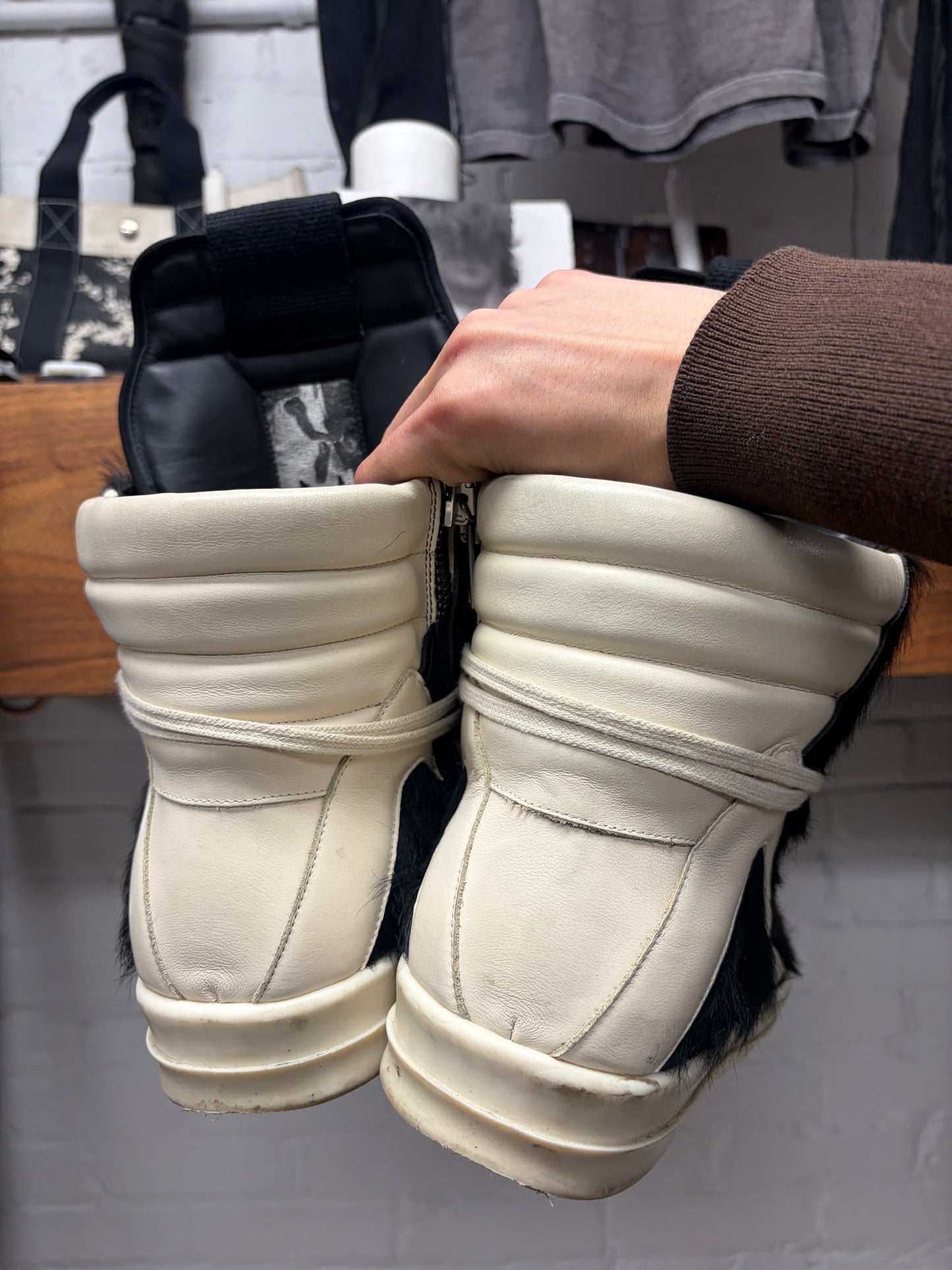 Rick Owens Pony-Hair Black/Milk ‘Geobasket’ High Top Sneakers