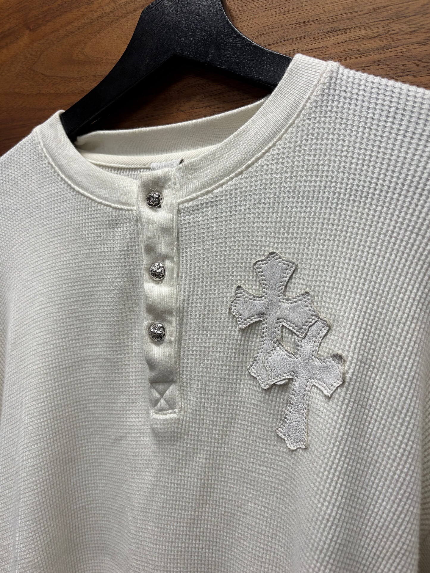 Chrome Hearts Leather Cross Patch White Rhodium Thermal Long Sleeve Henley
