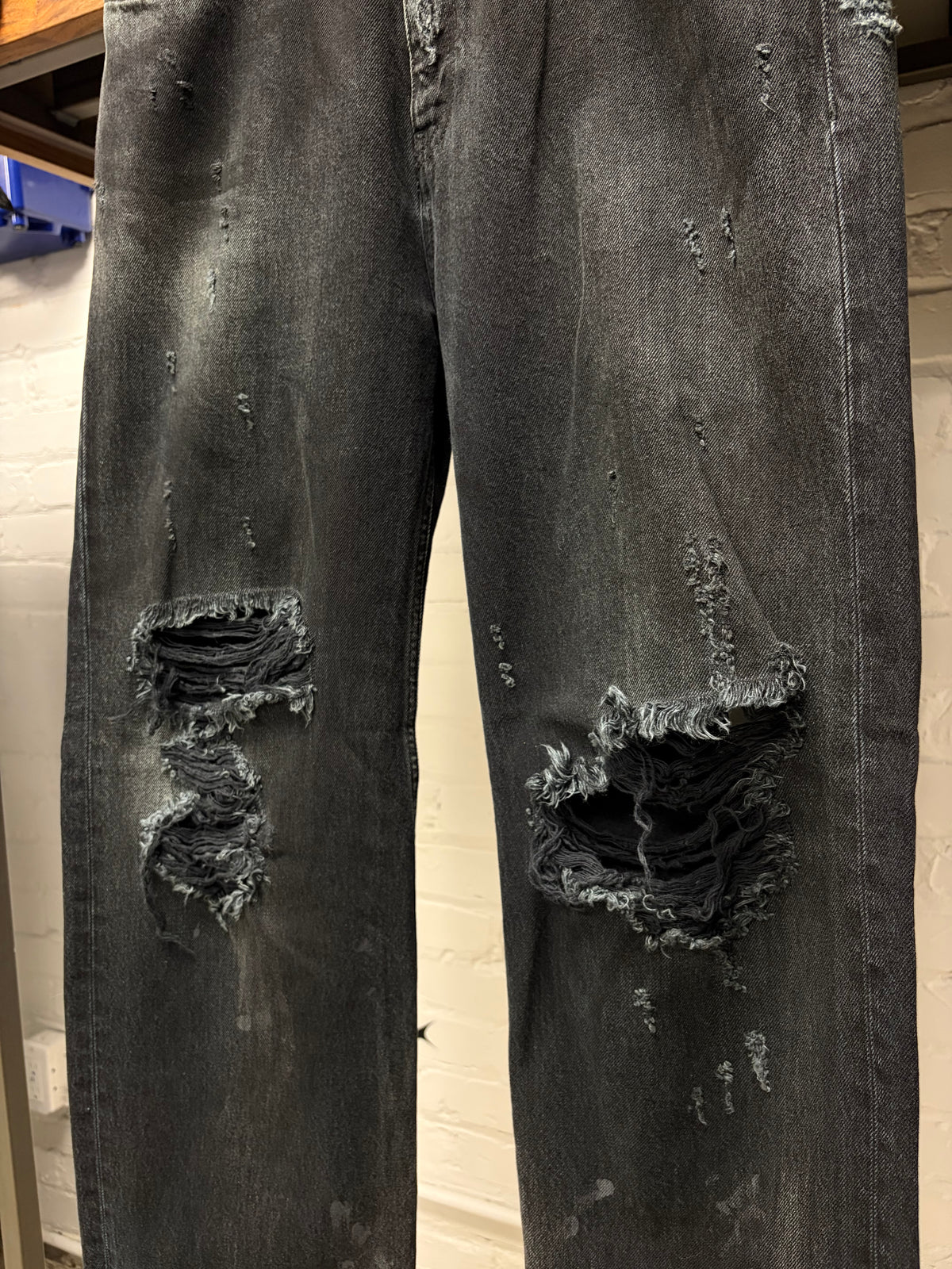 2022 Balenciaga ‘Destroyed’ Heavy Distressed Black Bootcut Denim