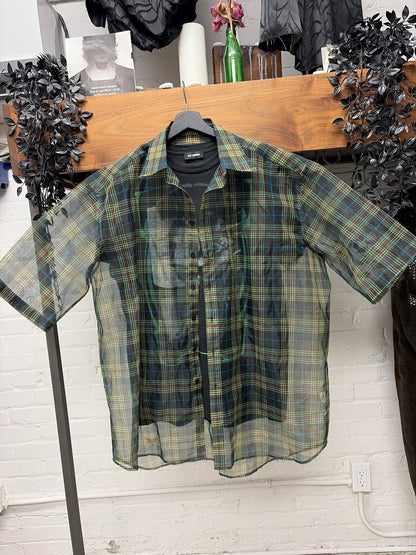 SS2019 Raf Simons Layered ‘2 Piece’ Sheer Plaid Button Up Shirt & Black Graphic Tee