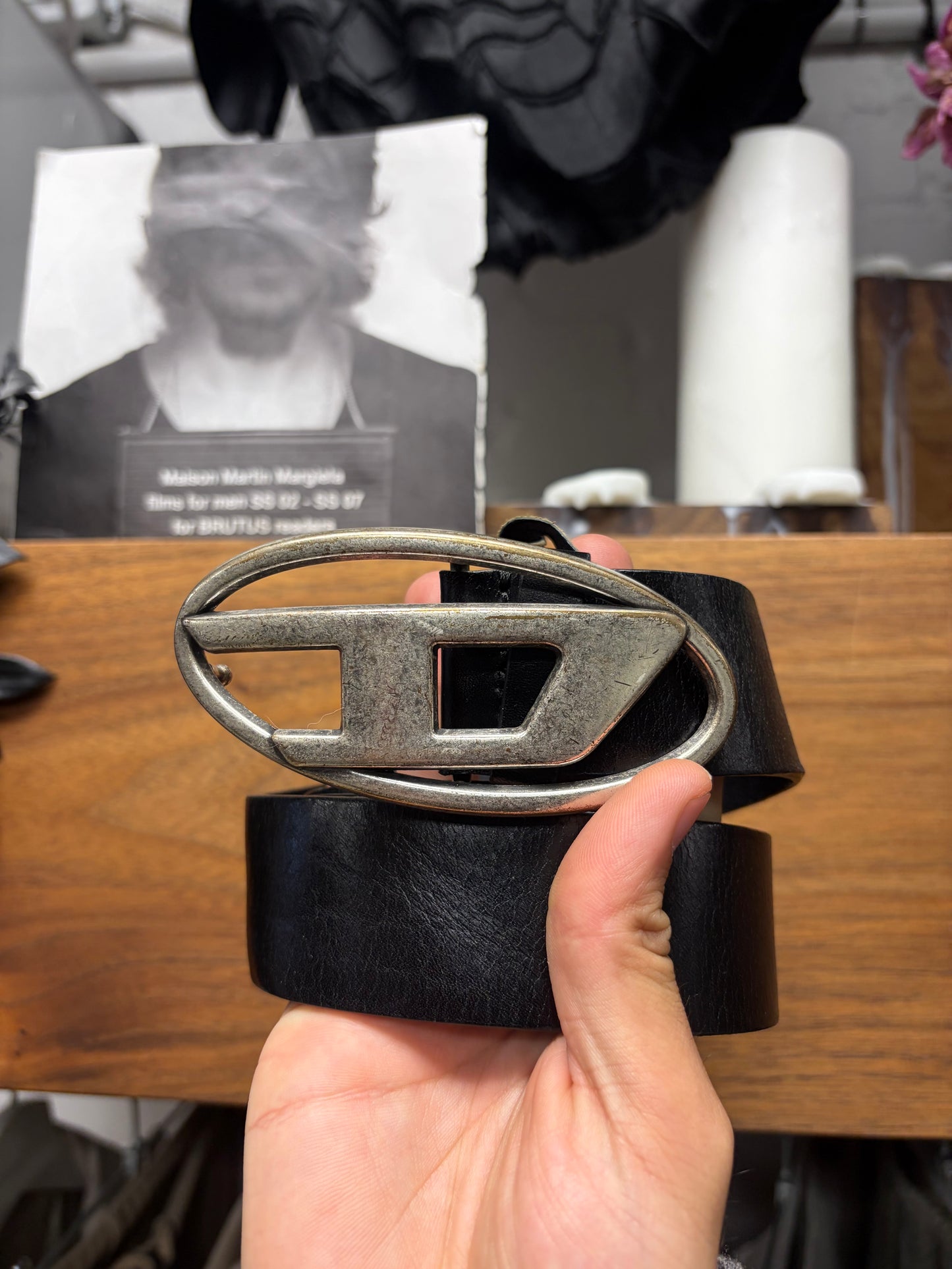 Diesel Black Leather/Silver Tone ‘D-Buckle’ Belt