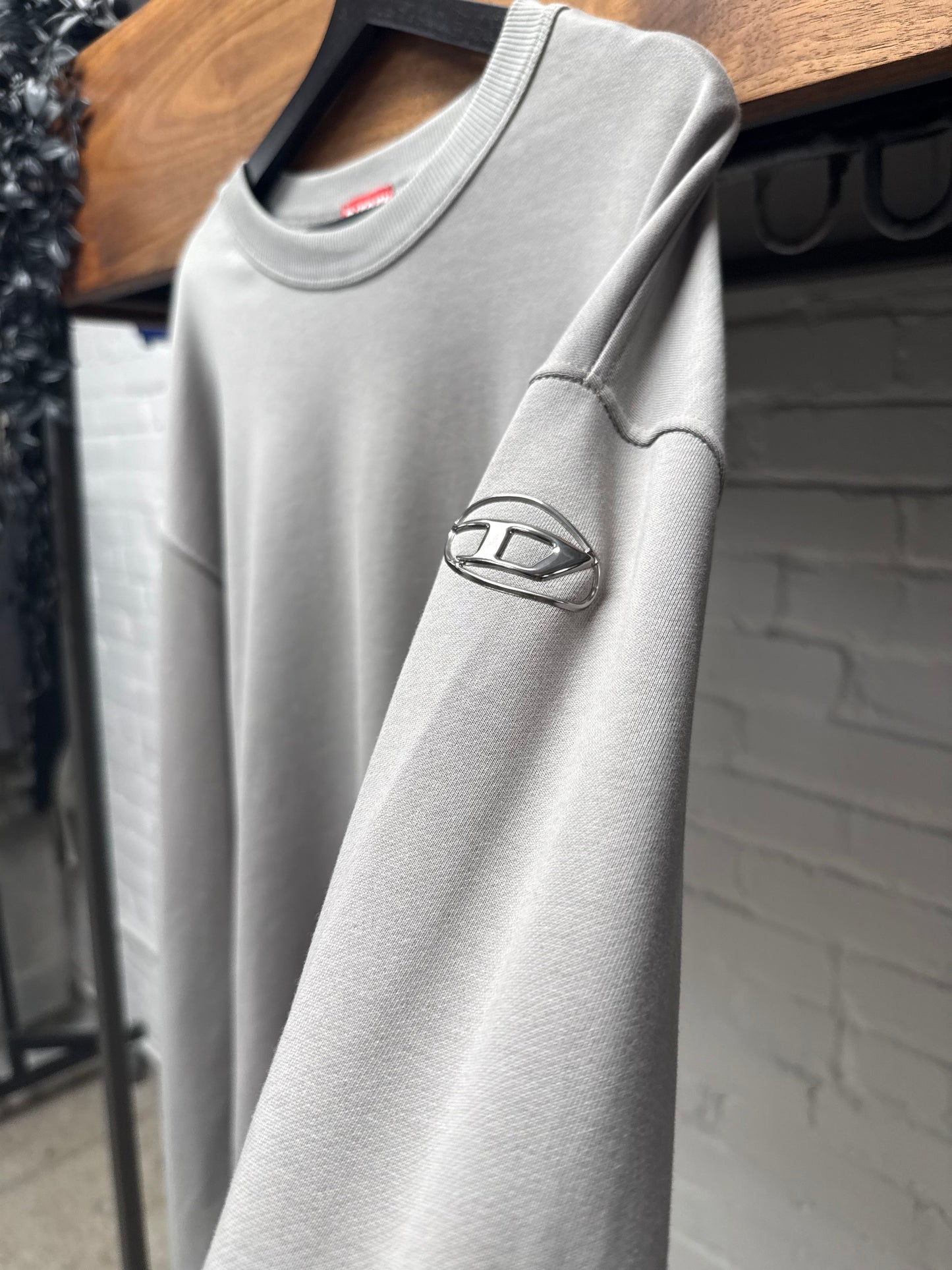 Diesel Silver D-Logo Grey Cotton Pullover Sweatshirt