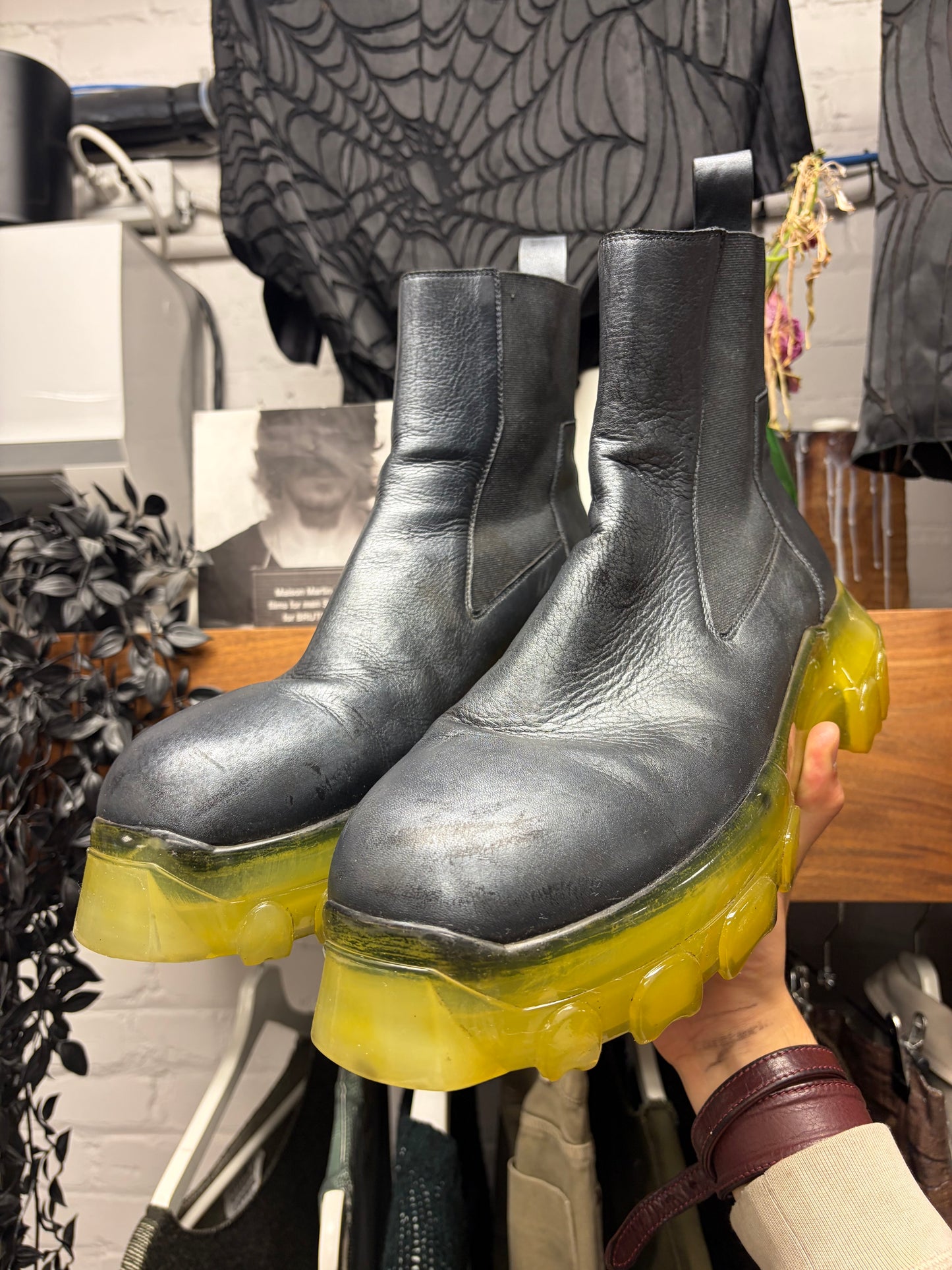 SS2019 Rick Owens ‘Babel’ Beatle Black Leather/Clear Sole Tractor Boots