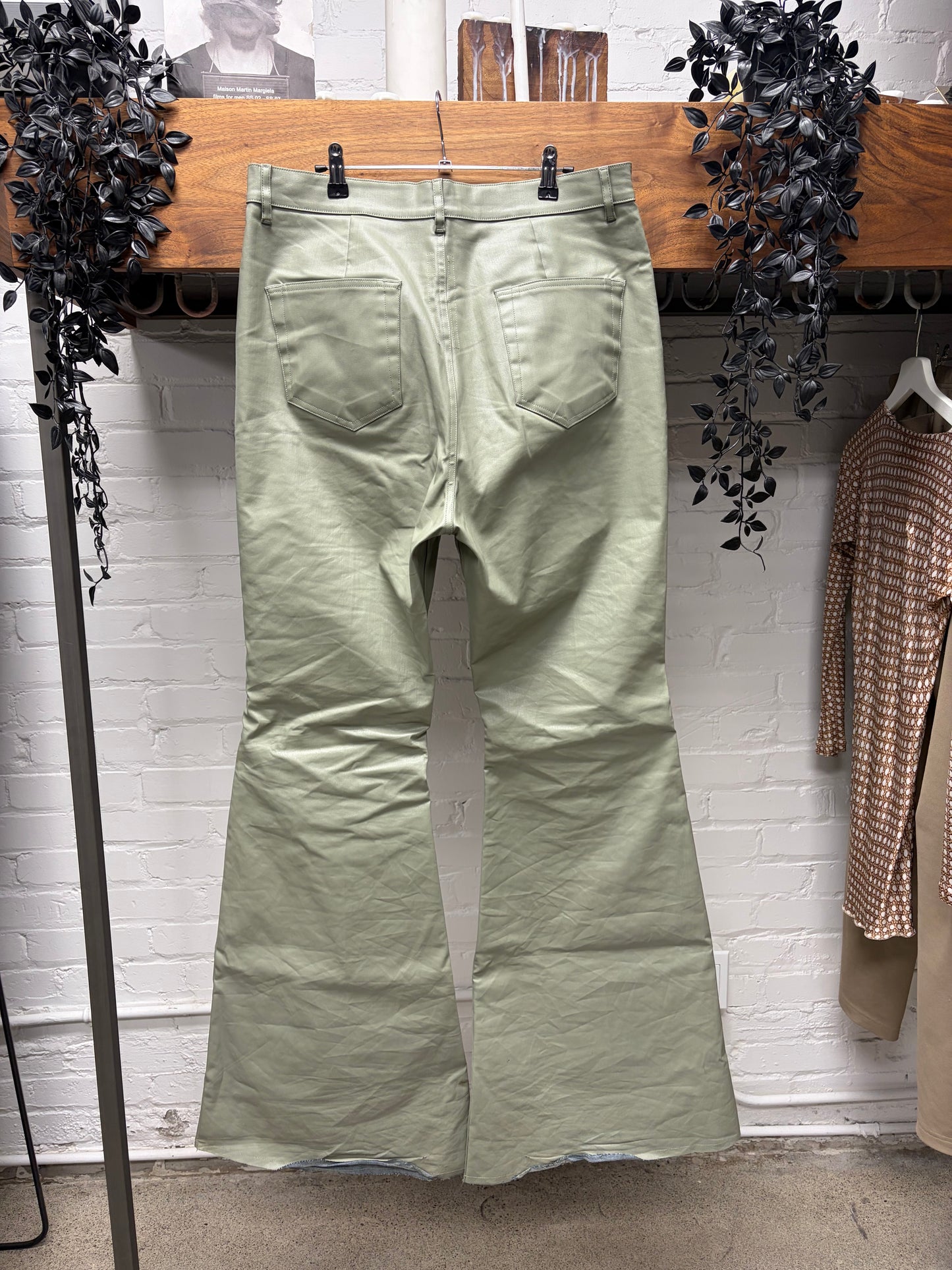 SS2025 Rick Owens ‘Hollywood’ Celadon Waxed Green ‘Bolans’ Flared Leg Pants