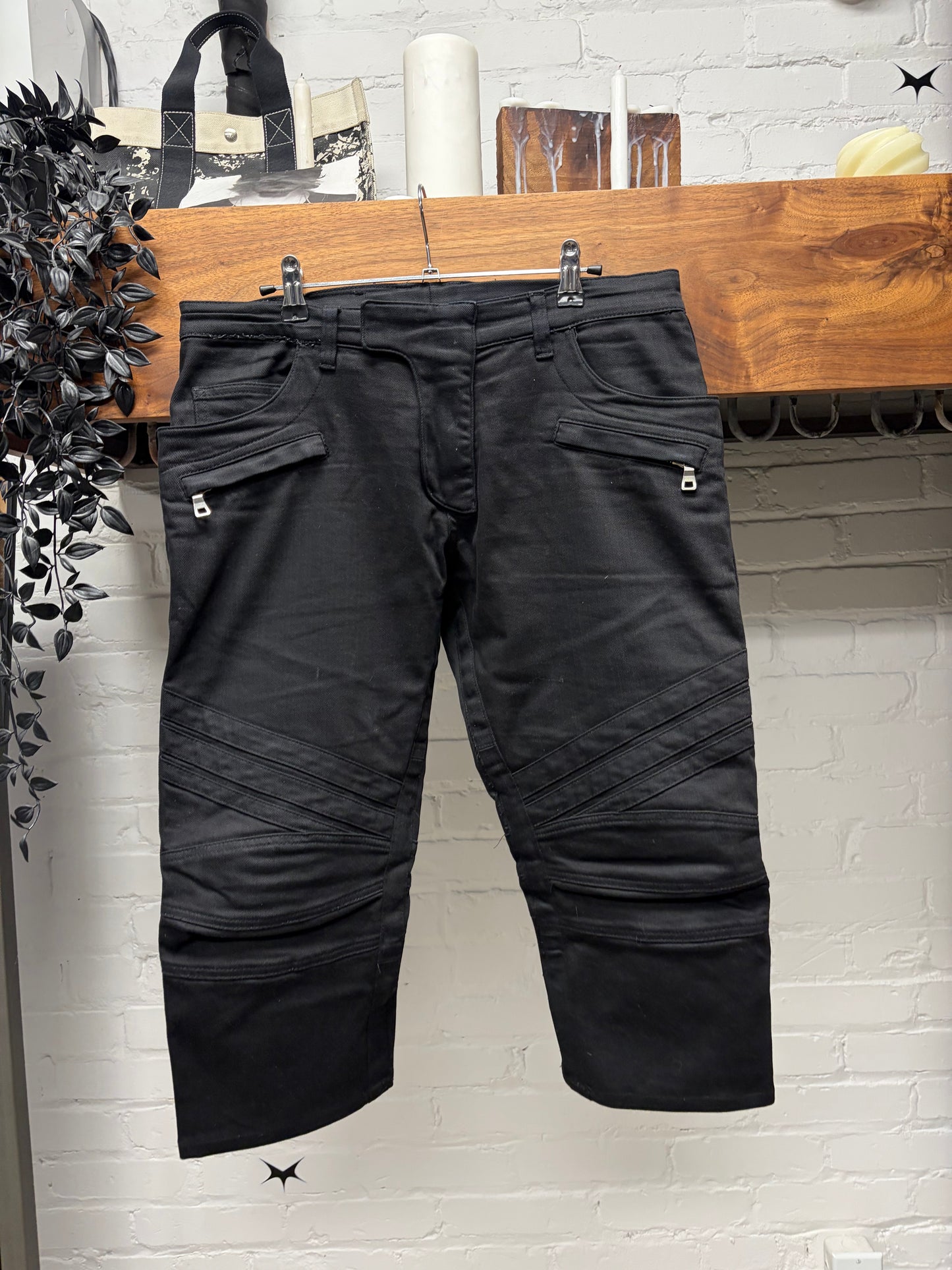 Balmain Waxed Black Biker Knee Capri Cut Denim Shorts