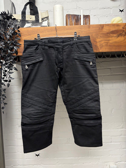 Balmain Waxed Black Biker Knee Capri Cut Denim Shorts