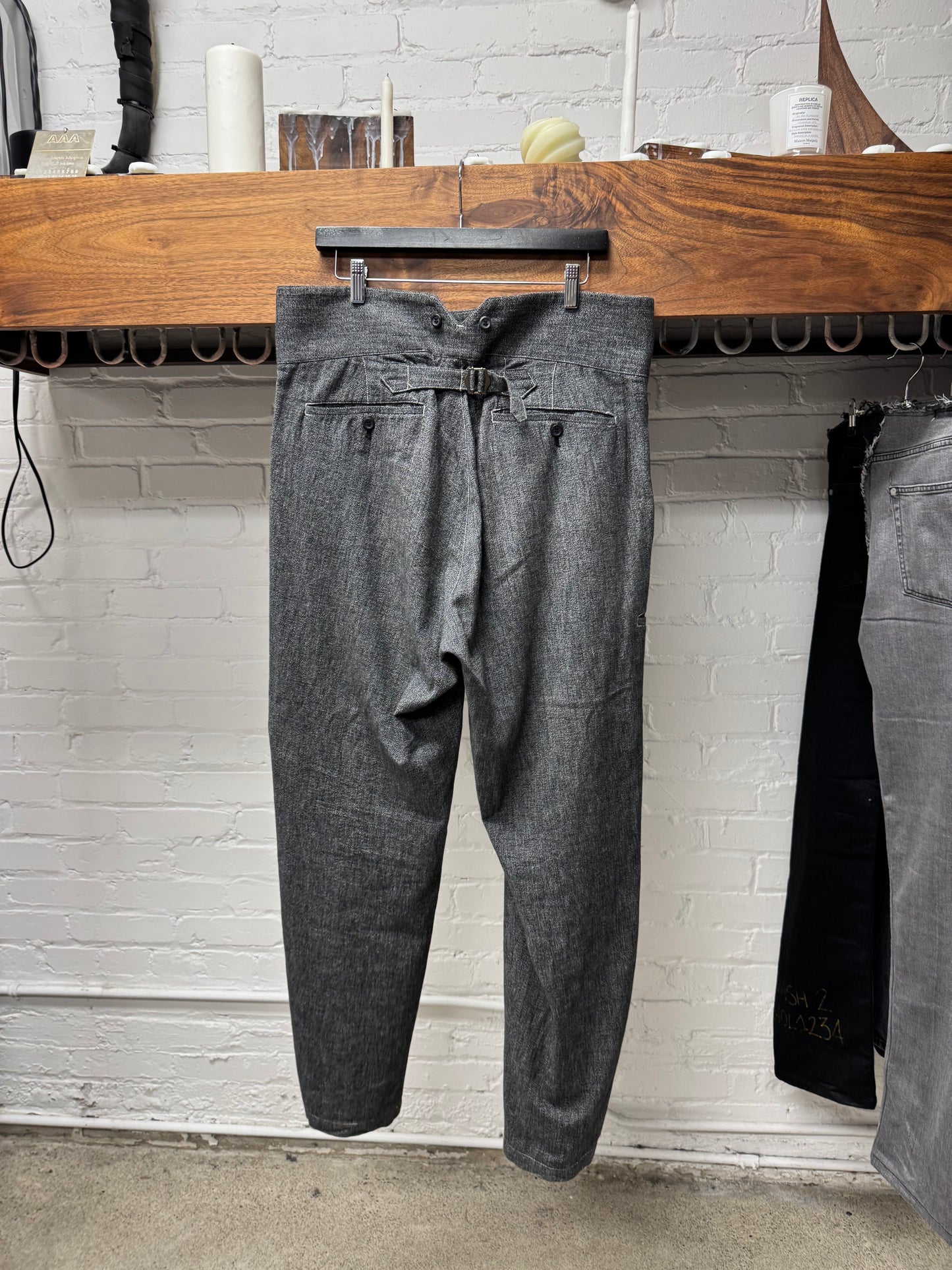 Issey Miyake Buckle Back Grey Speckled Cotton Trousers