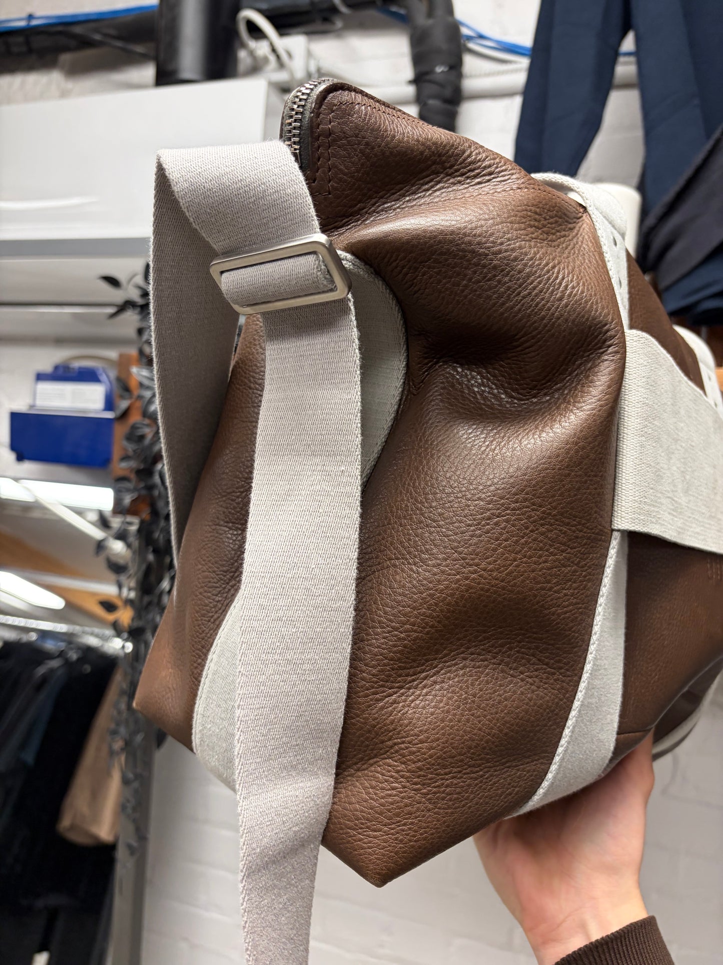 AW2024 Rick Owens ‘Porterville’ Mahogany/Oyster Leather ‘Trolley’ Work Bag
