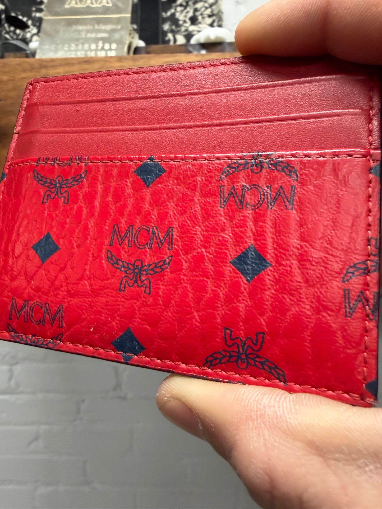 MCM Red Monogram Leather Cardholder Wallet