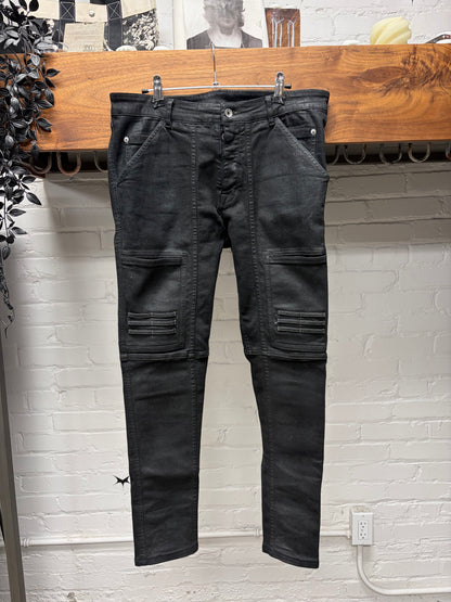 Rick Owens ‘Nagakin’ Waxed Black Biker Detail Skinny Jeans