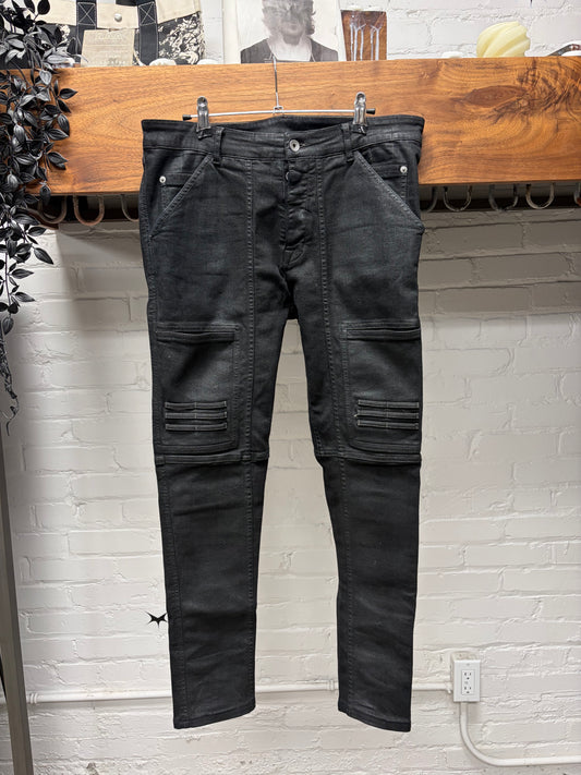 Rick Owens ‘Nagakin’ Waxed Black Biker Detail Skinny Jeans