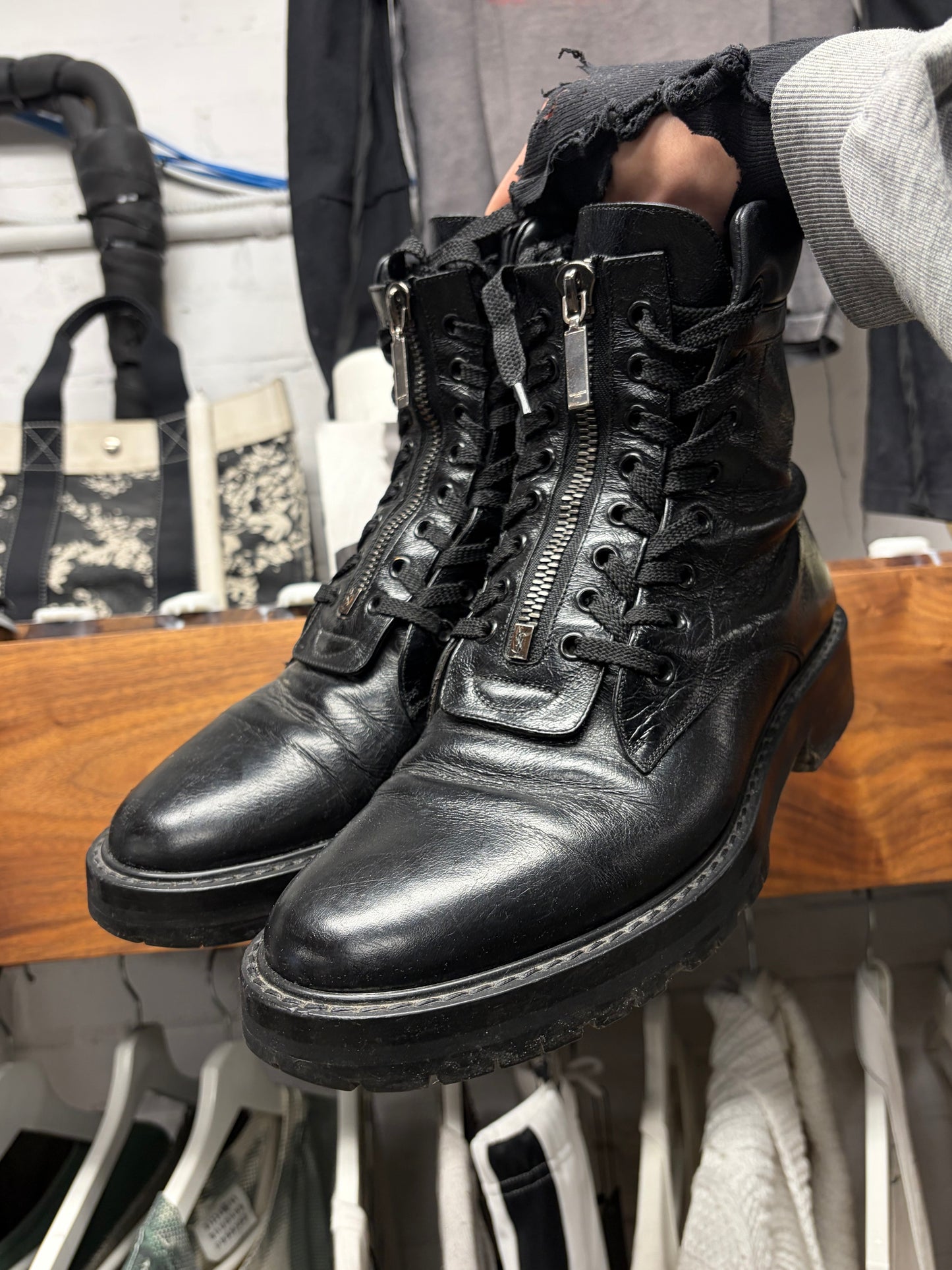 Saint Laurent ‘William’ Double Lace Up Patent Leather Combat Boots