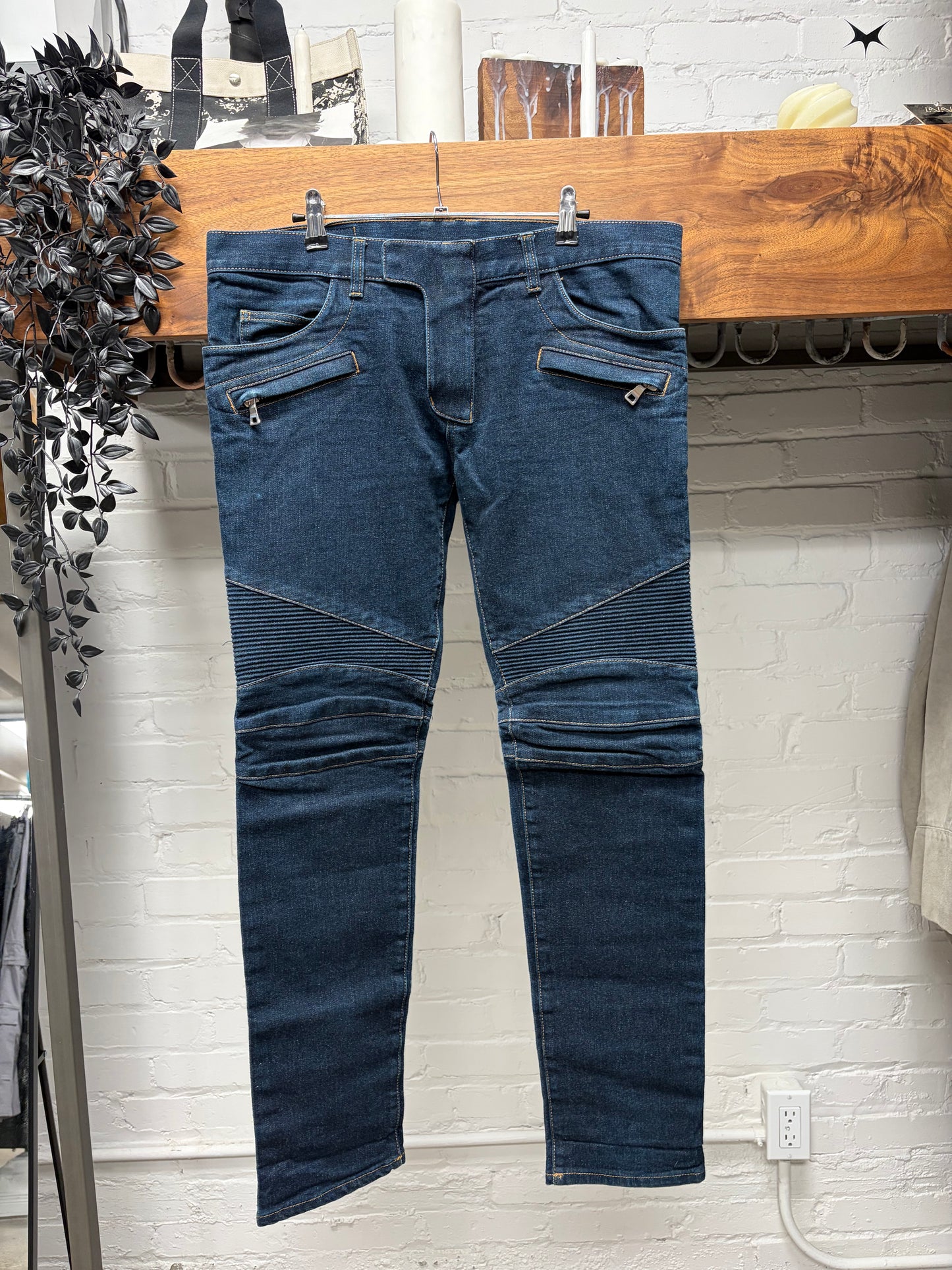 Balmain Classic Raw Blue Biker Knee Skinny Jeans