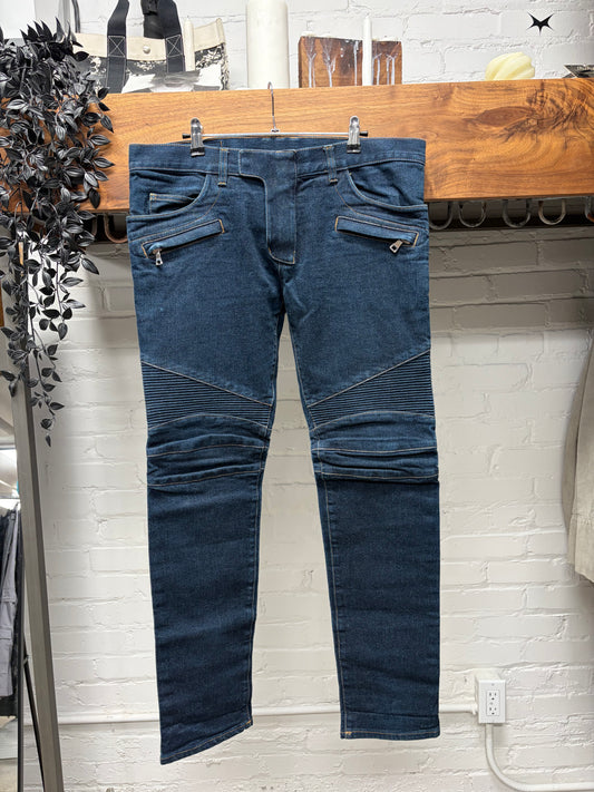 Balmain Classic Raw Blue Biker Knee Skinny Jeans