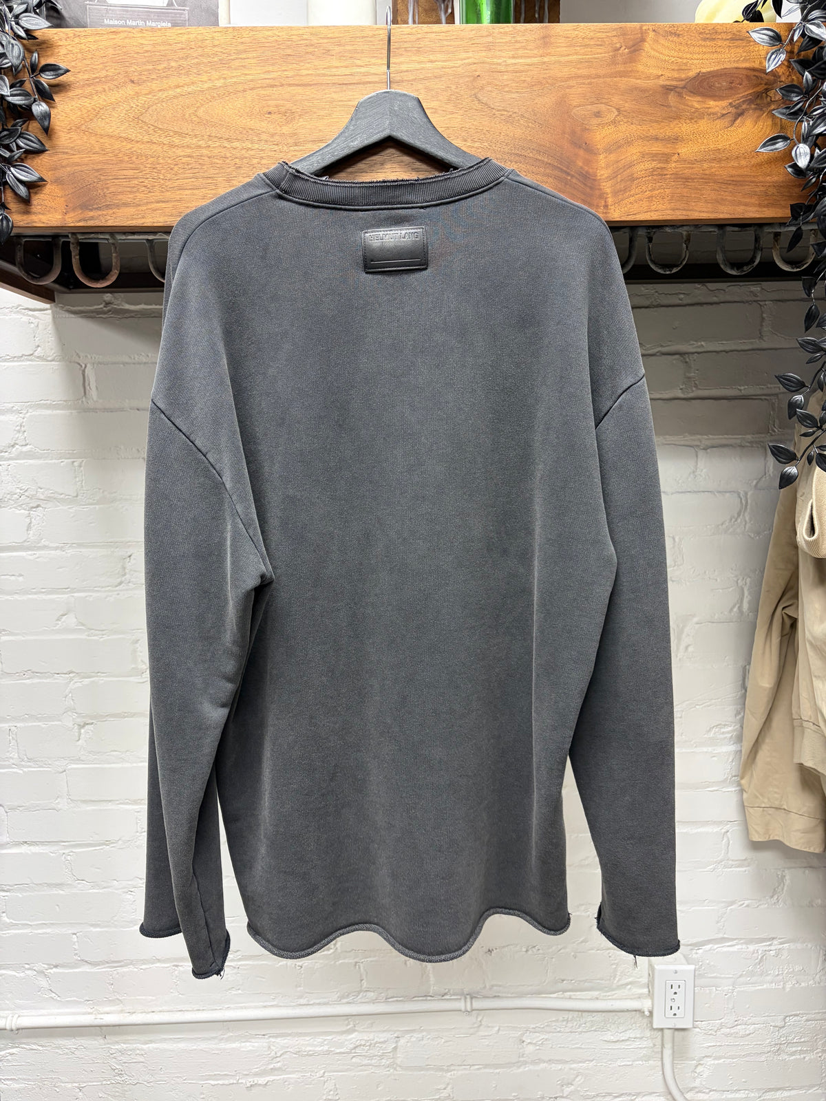 Helmut Lang Charcoal Grey ‘Raw Hem’ Sweatshirt with Leather Patch