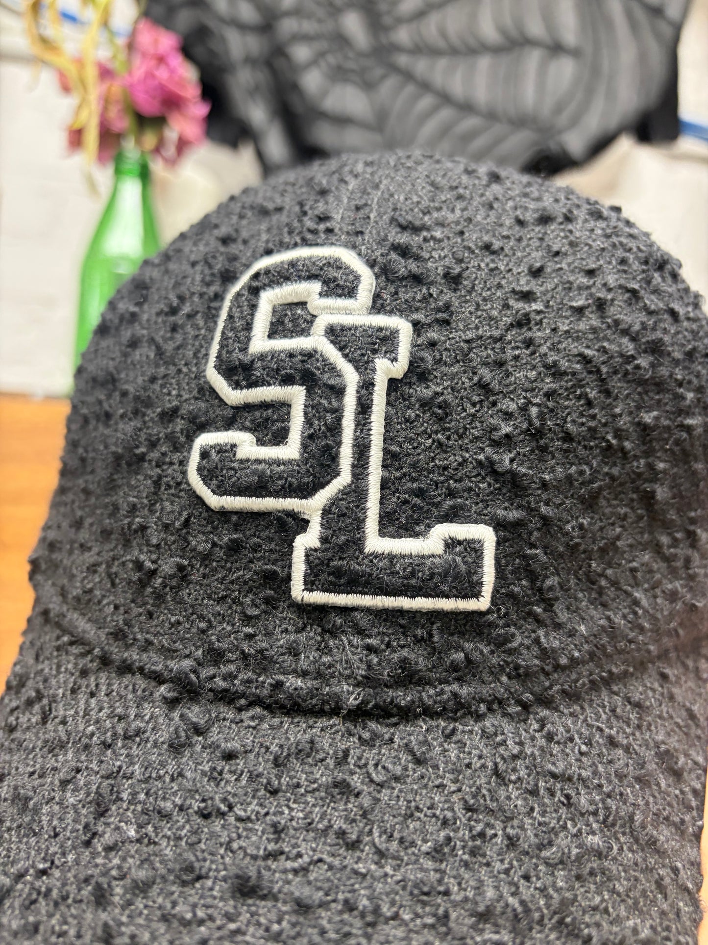 Saint Laurent Black ‘Boucle’ Tweed Wool ‘SL’ Chenille Patch Logo Baseball Cap