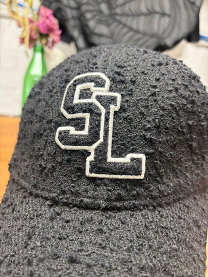 Saint Laurent Black ‘Boucle’ Tweed Wool ‘SL’ Chenille Patch Logo Baseball Cap