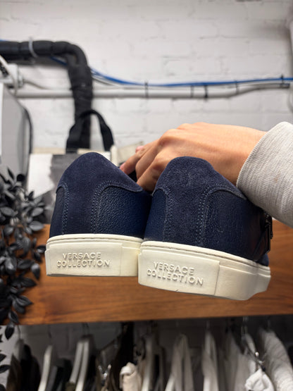 Versace Collection Blue Suede/Silver ‘Medusa’ Low Top Sneakers