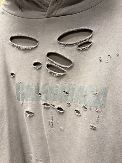 2021 Balenciaga ‘Caps’ Destroyed Brown Logo Heavy Cotton Hoodie
