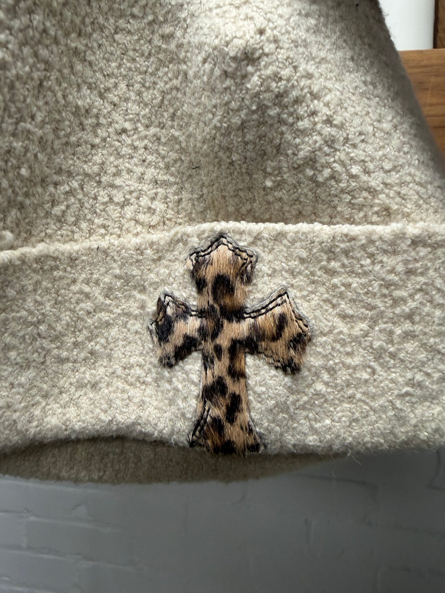 Chrome Hearts Leopard Cross Patch/Rhodium Hardware Cream Beanie