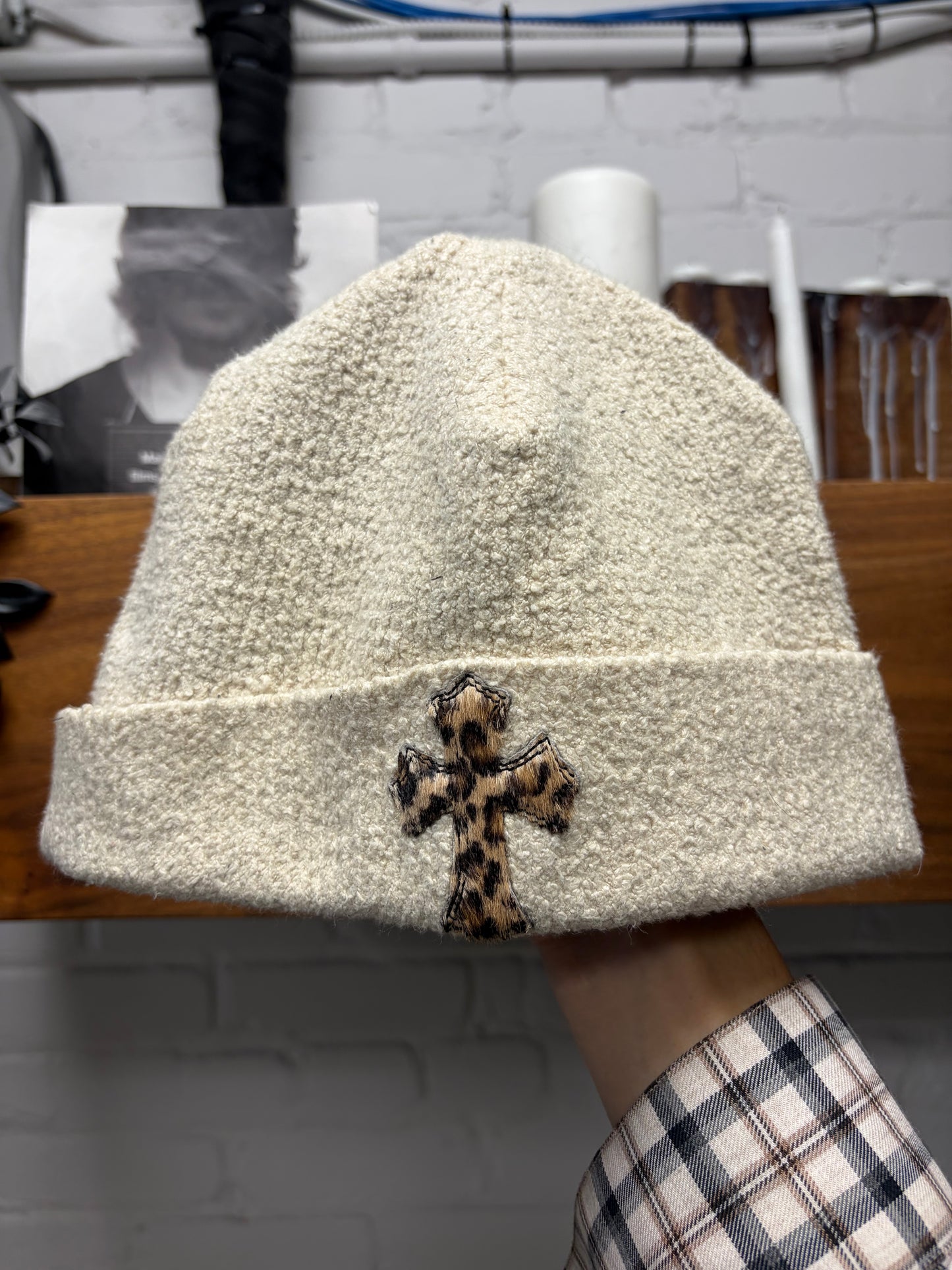 Chrome Hearts Leopard Cross Patch/Rhodium Hardware Cream Beanie