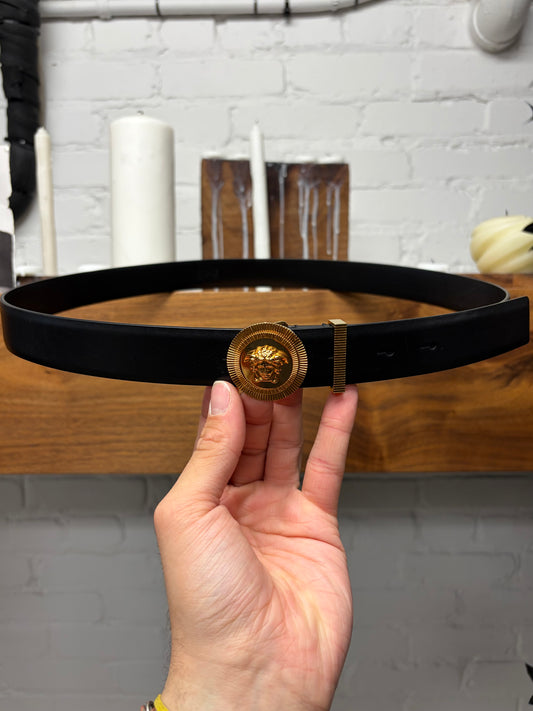 Versace Gold Medusa Head Circle Logo Black Leather Belt