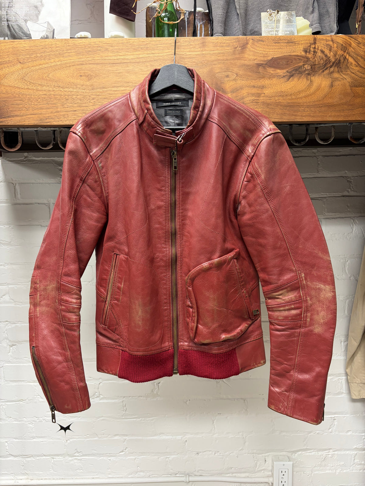 Marc Jacobs ‘Rustic’ Red Faded Leather Motorcycle Biker Jacket