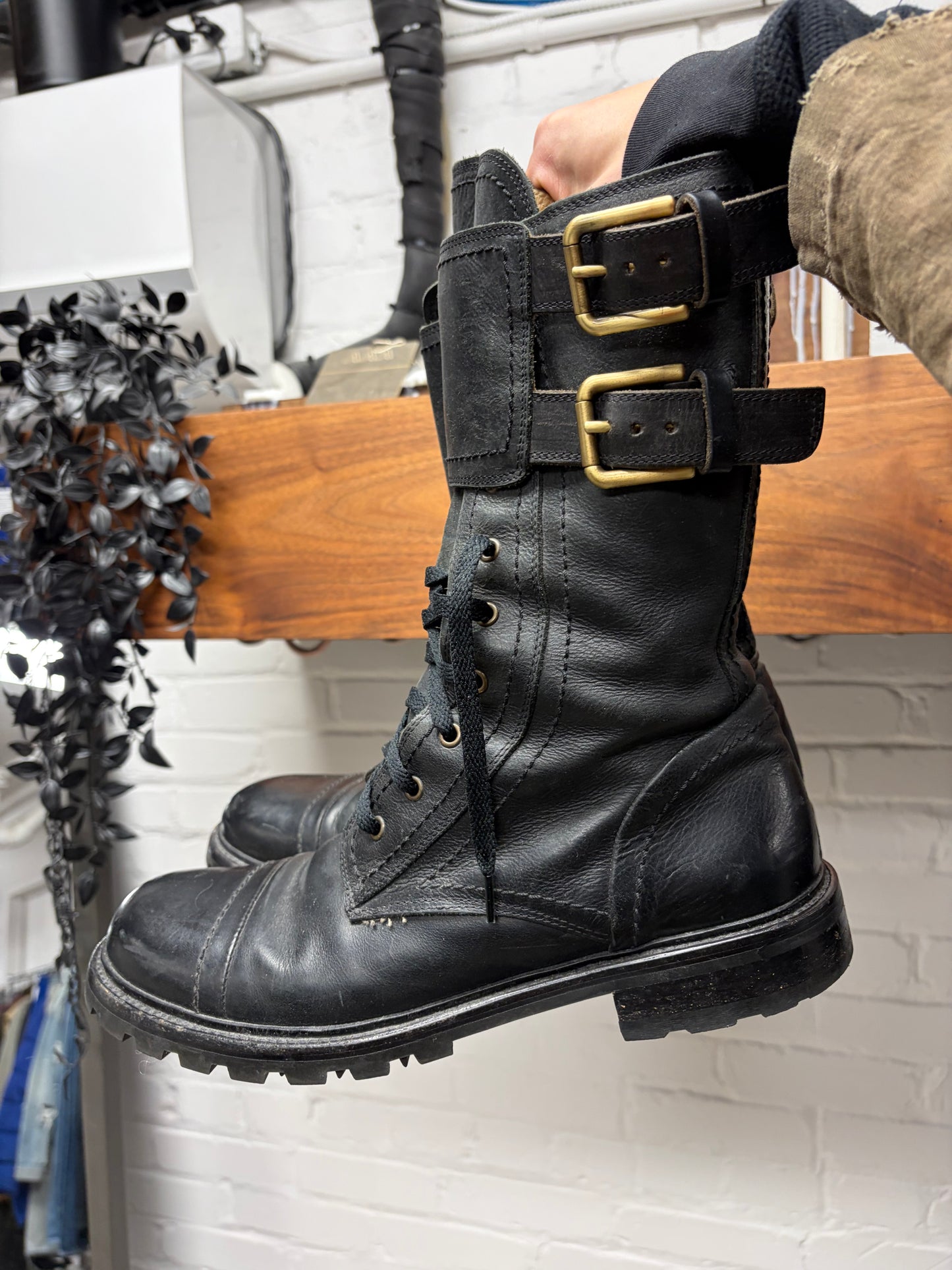 2000s Dolce & Gabbana Buckle Strap Closure Leather Combat Boots
