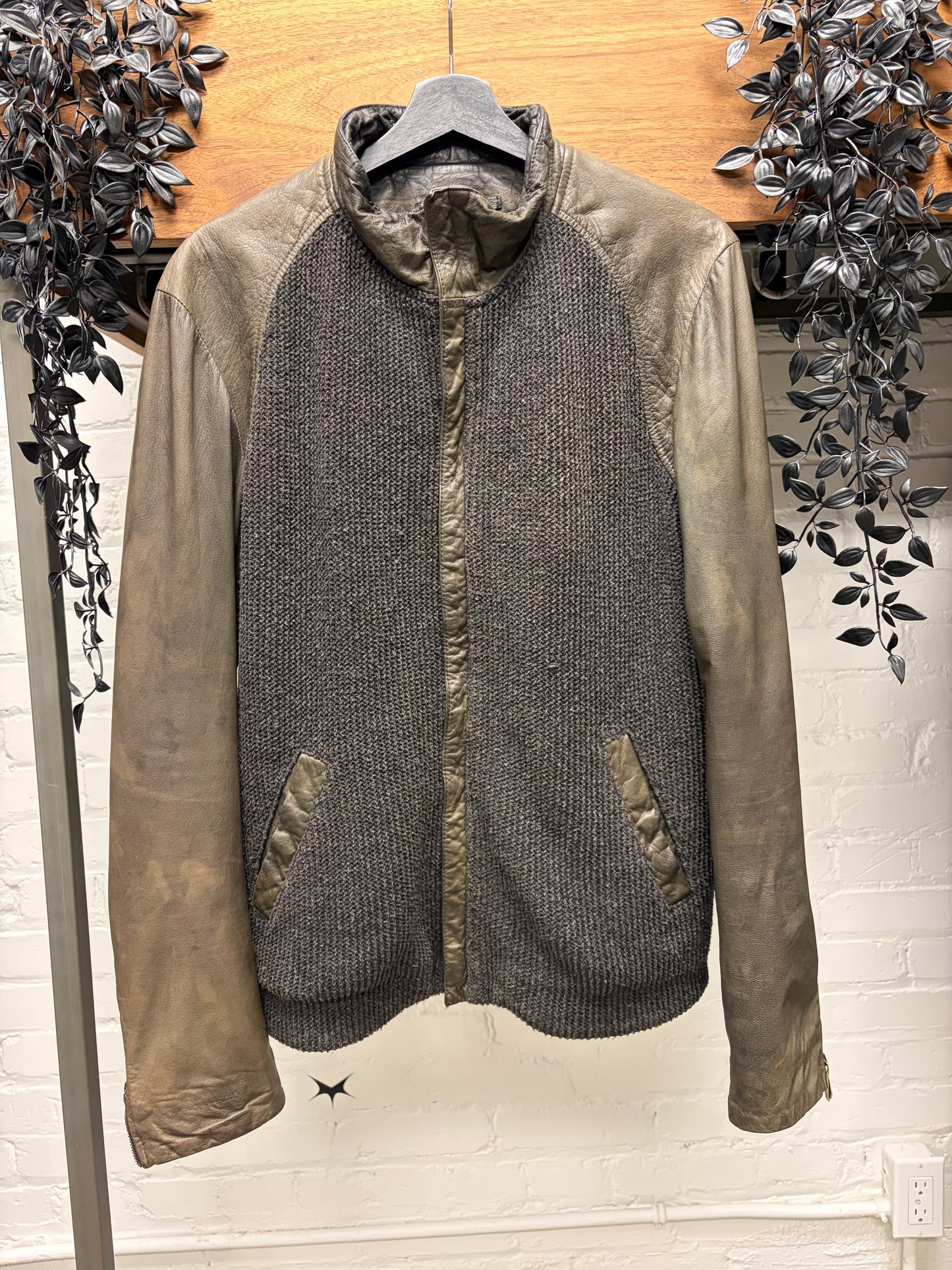 14th Addiction Dark Brown Hybrid Ribbed Wool/Leather Jacket