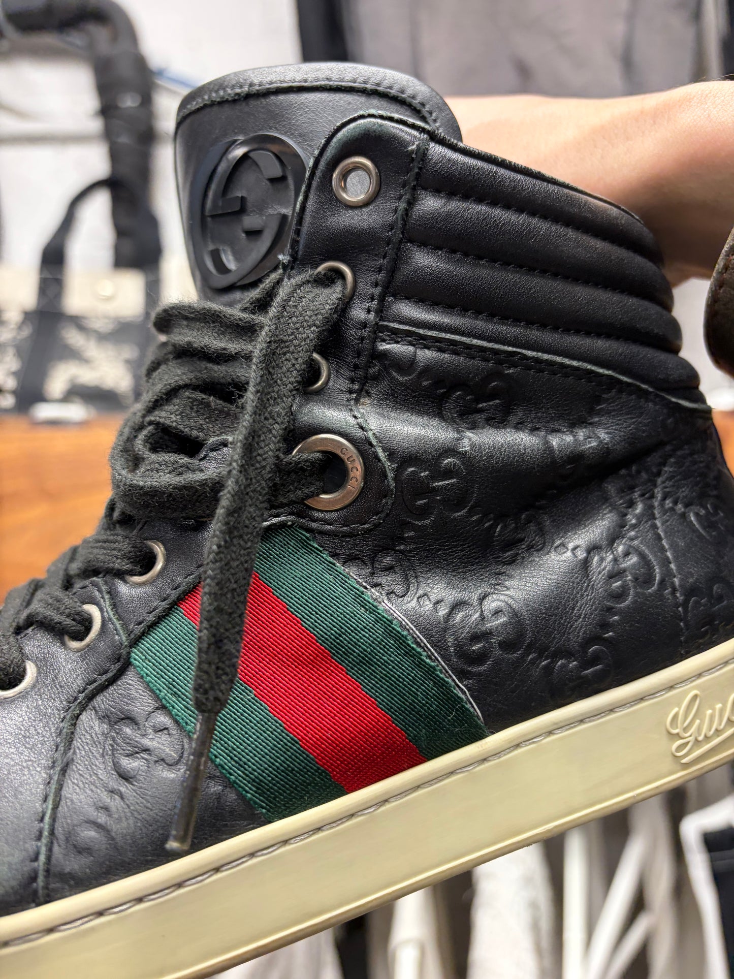 Gucci ‘Guccissima’ Black Leather Web High Top Sneakers