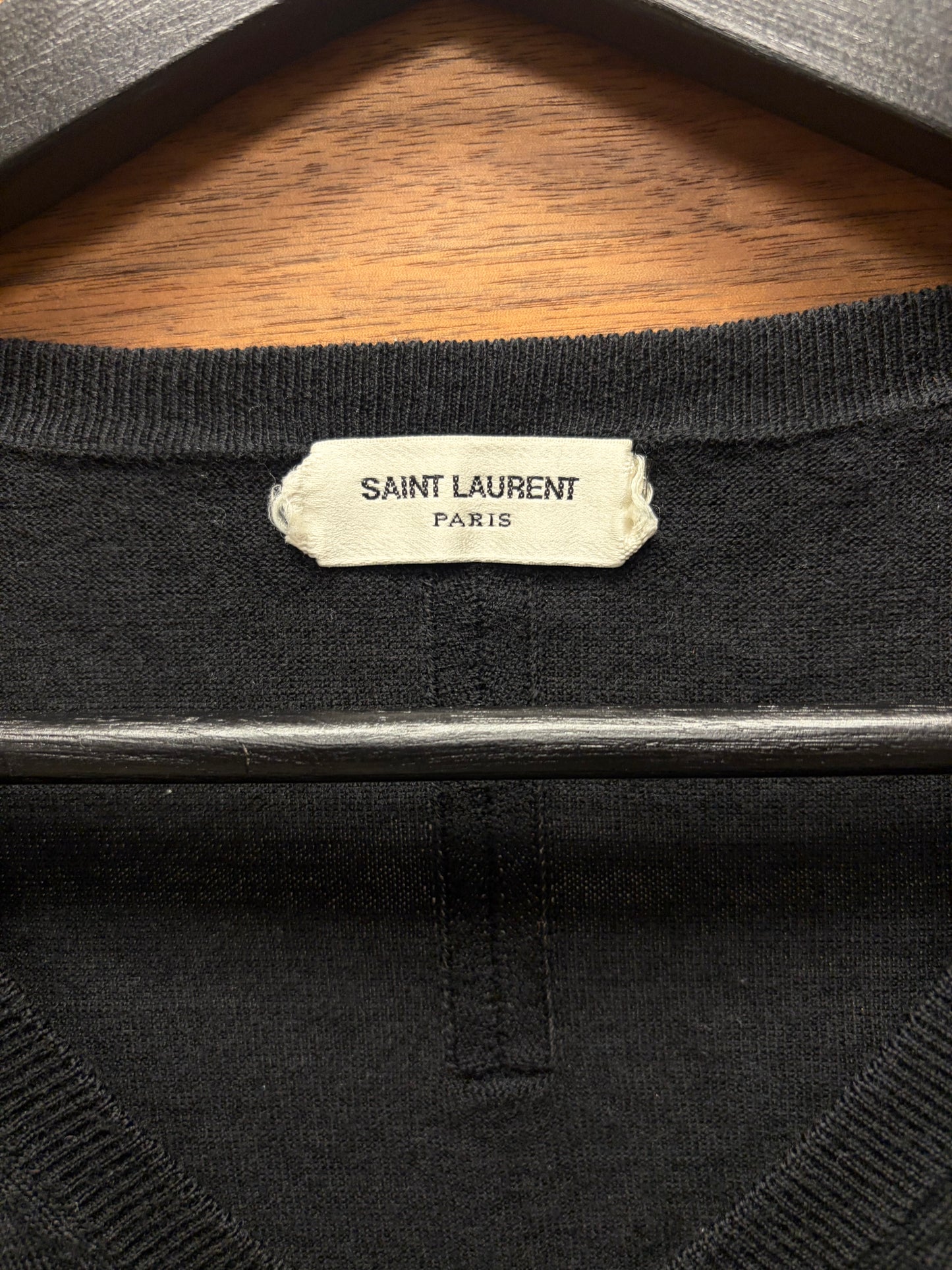 2017 Saint Laurent Black Lightweight Wool Knit Distressed V-Neck Sweater
