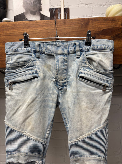 Balmain Light Wash Blue ‘Distressed Knee’ Biker Denim