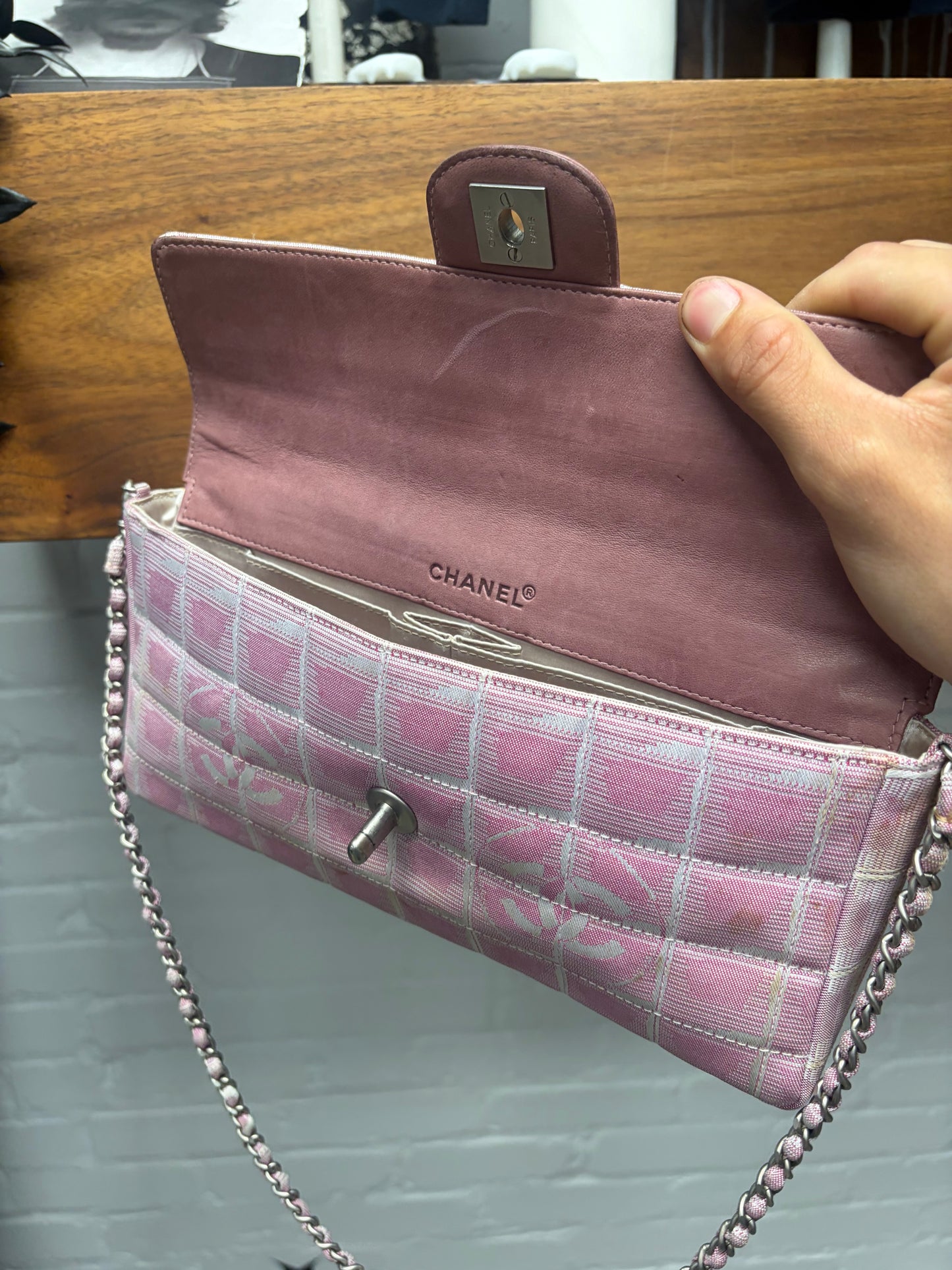 Chanel Pink Canvas ‘Chocolate Bar’ Chain Shoulder Bag
