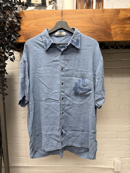 Vintage 90s Balenciaga Blue Embroidered Logo Short Sleeve Button Up Shirt