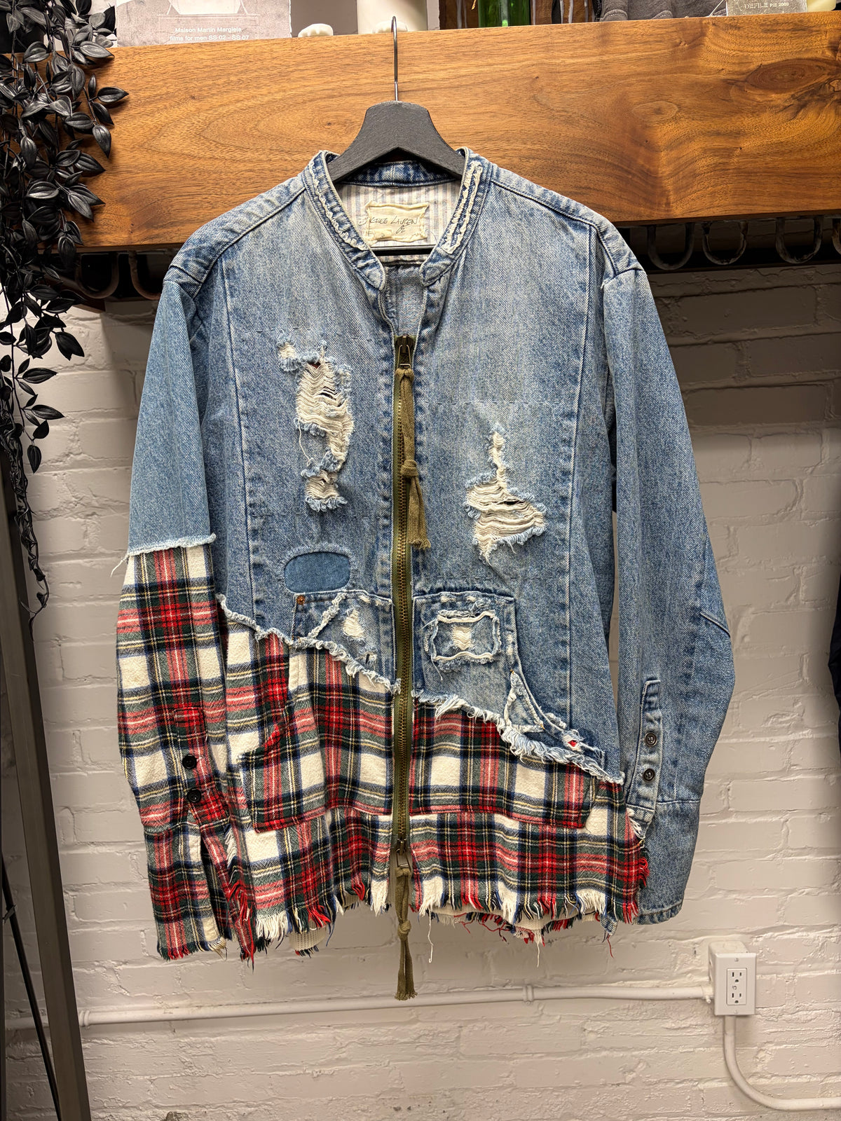 Greg Lauren Reconstructed Denim/Flannel Hybrid Bomber Jacket with Thermal Liner