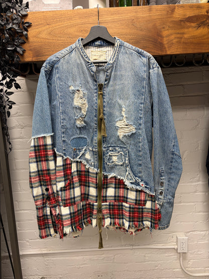 Greg Lauren Reconstructed Denim/Flannel Hybrid Bomber Jacket with Thermal Liner